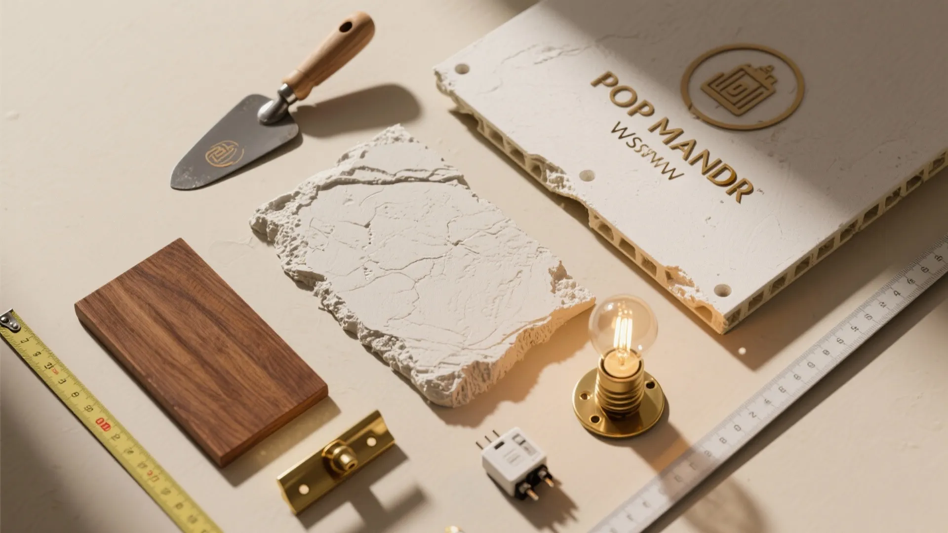 Construction materials featuring wood plank plaster light bulb trowel measuring tape ruler and white wall