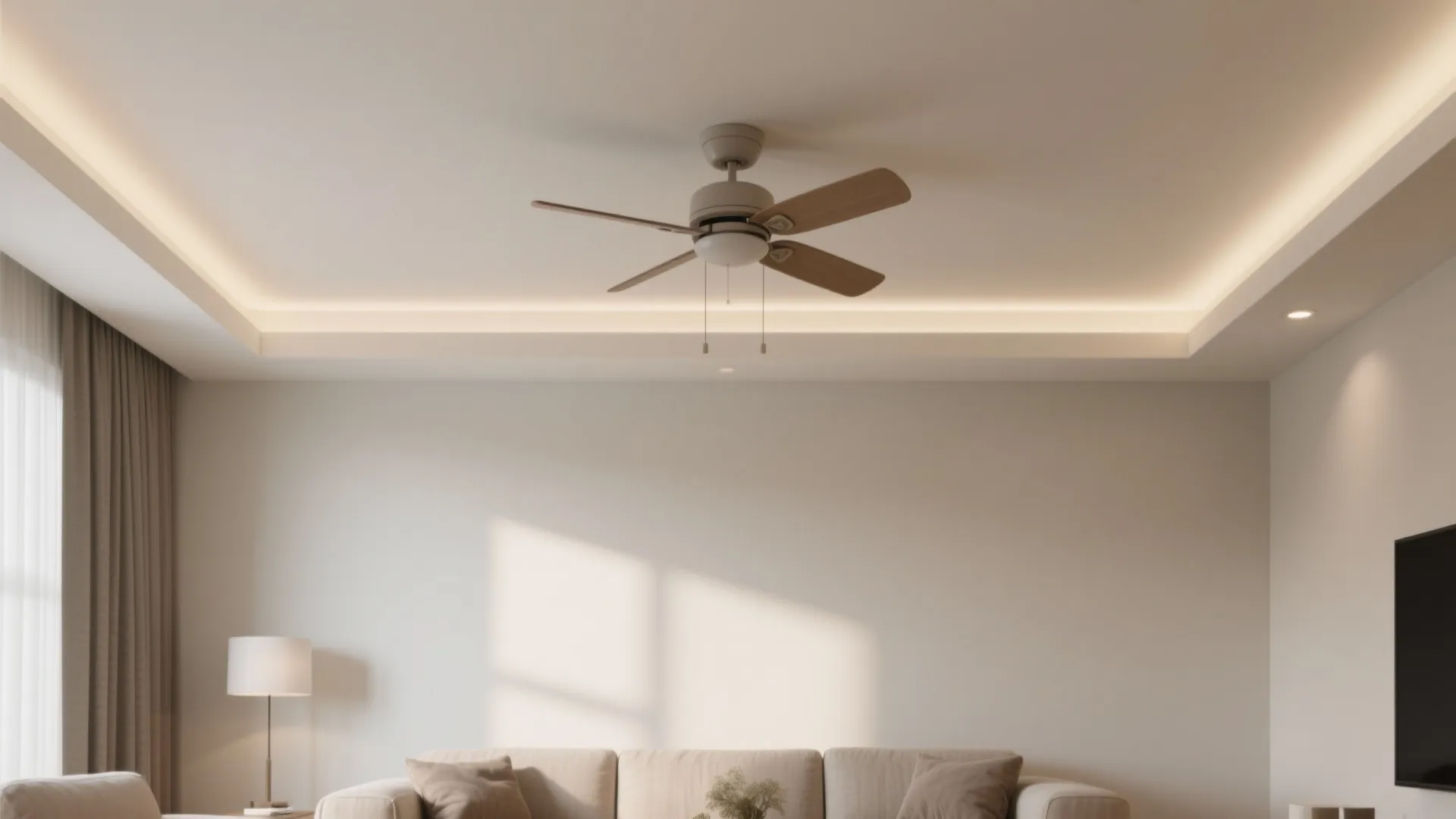 Simple POP ceiling with minimal border and shallow cove lighting in a square hall, shown in a cozy vignette.