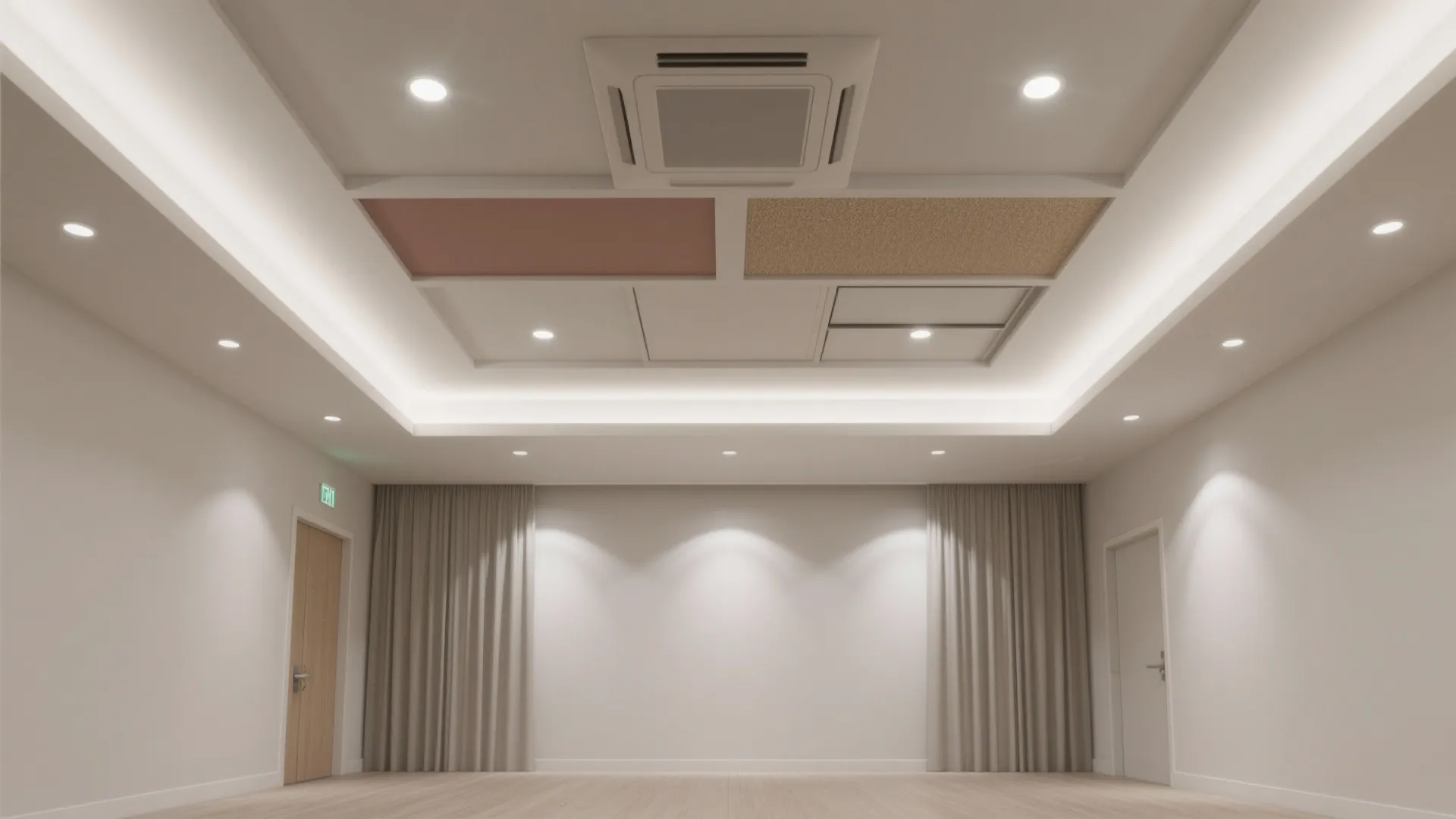 Empty room interior design drawing showing ceiling light fixtures white walls curtains and light wood flooring
