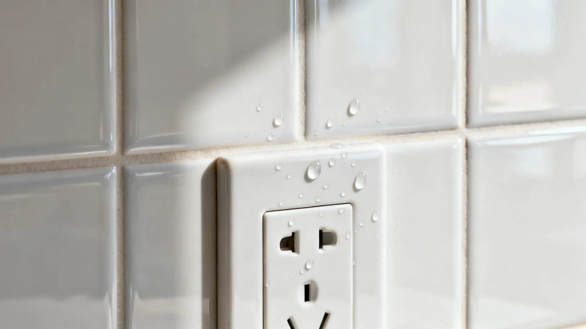 Macro of satin porcelain tiles with tight color-matched grout and water beading in soft daylight.