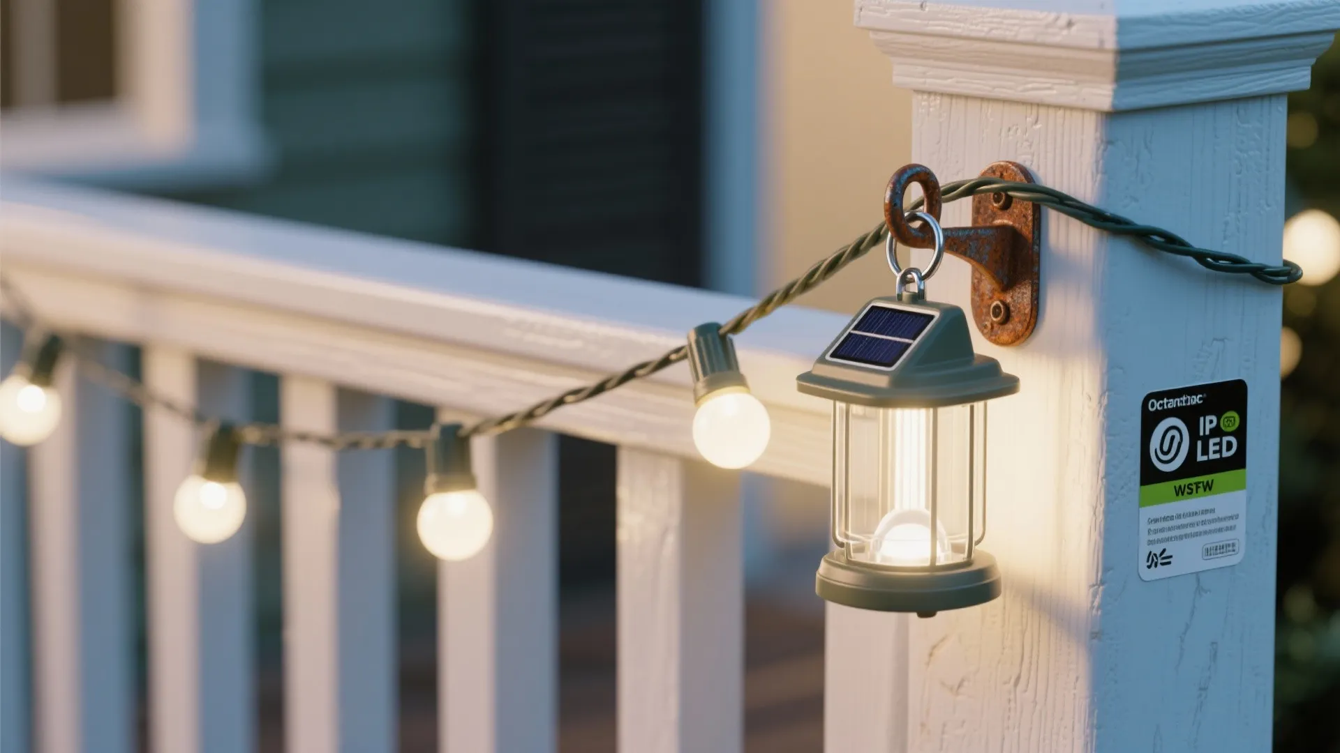 Outdoor string lights and a small solar lantern hanging on a white wooden porch railing