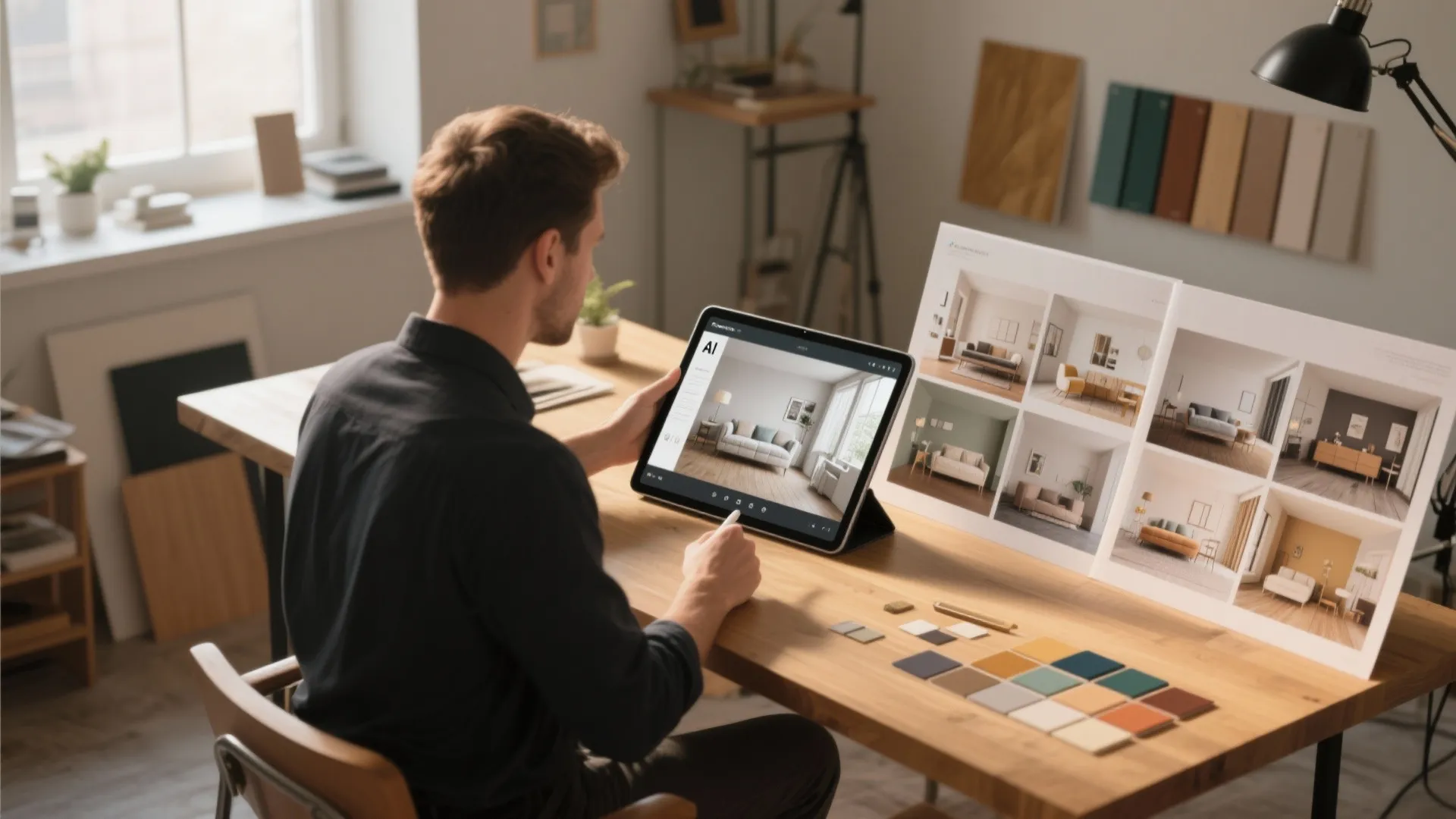 Man using a tablet to create interior design drawings with various room layout color options