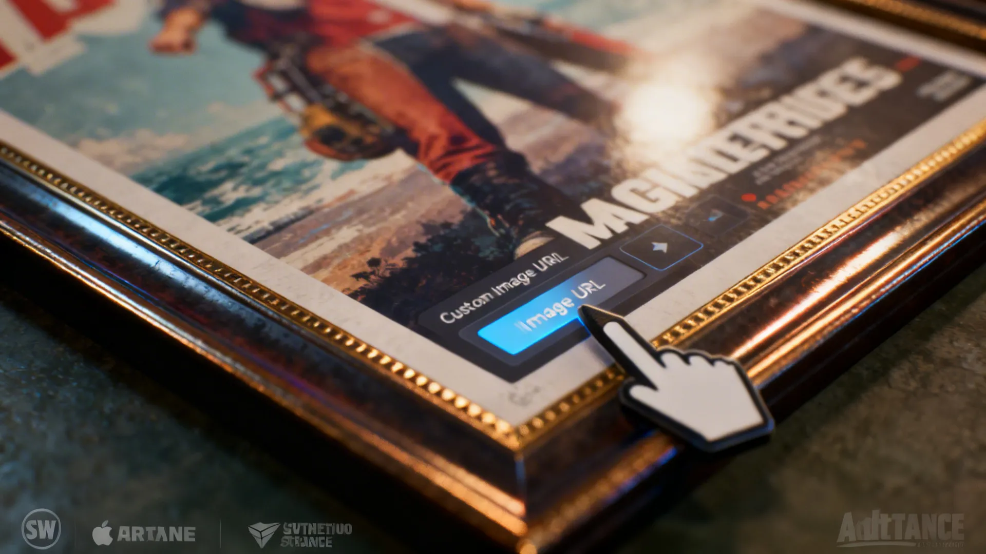 Close-up of a framed poster being set with a custom image URL in a game's build menu