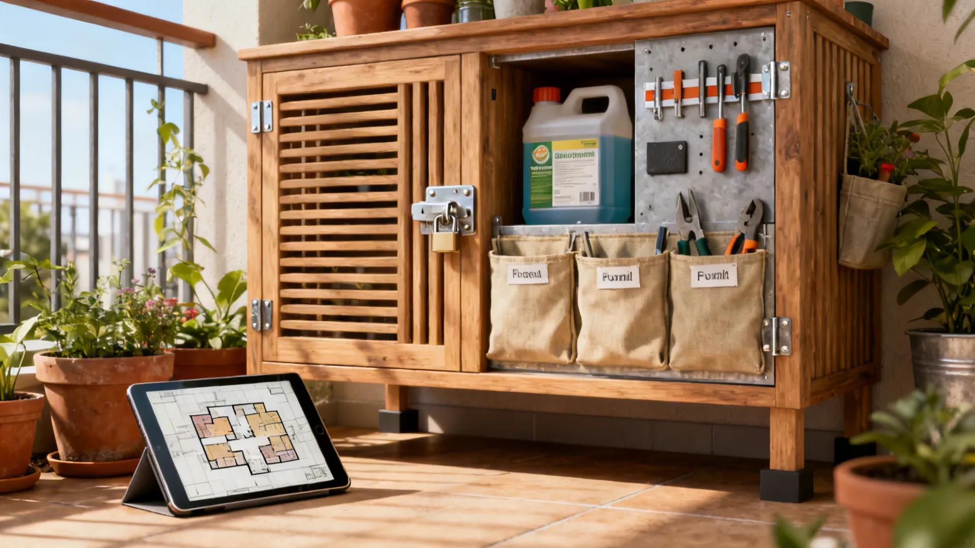 Potting nook with ventilated cabinet, locked chemical compartment, magnetic strips, and a tablet showing a 3D floor planner.