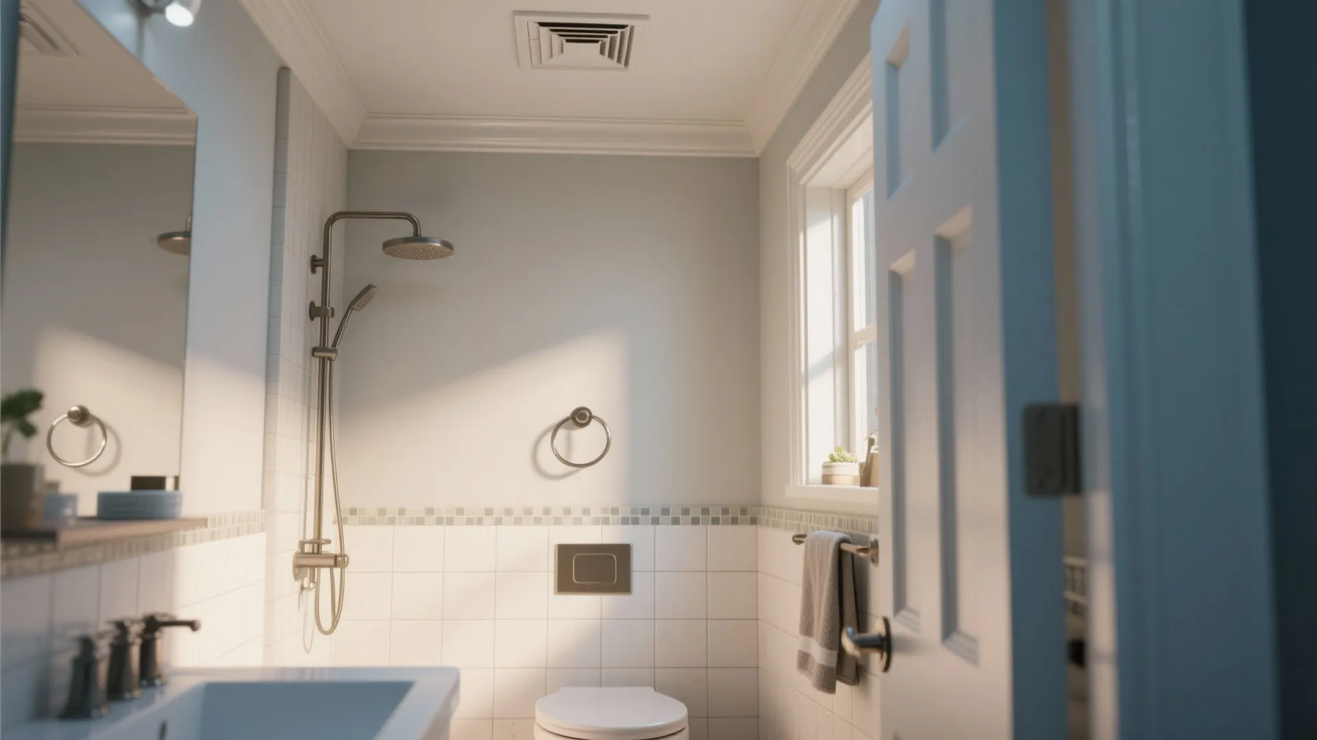 Modern small bathroom interior featuring white tiles wall light shower head toilet and wooden door frame