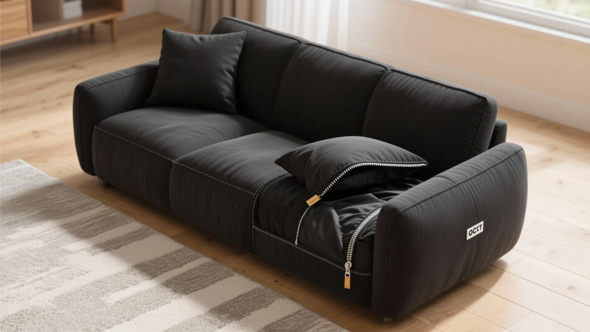 Modern black sofa with a zipper detail showing interior layers on a light wood floor