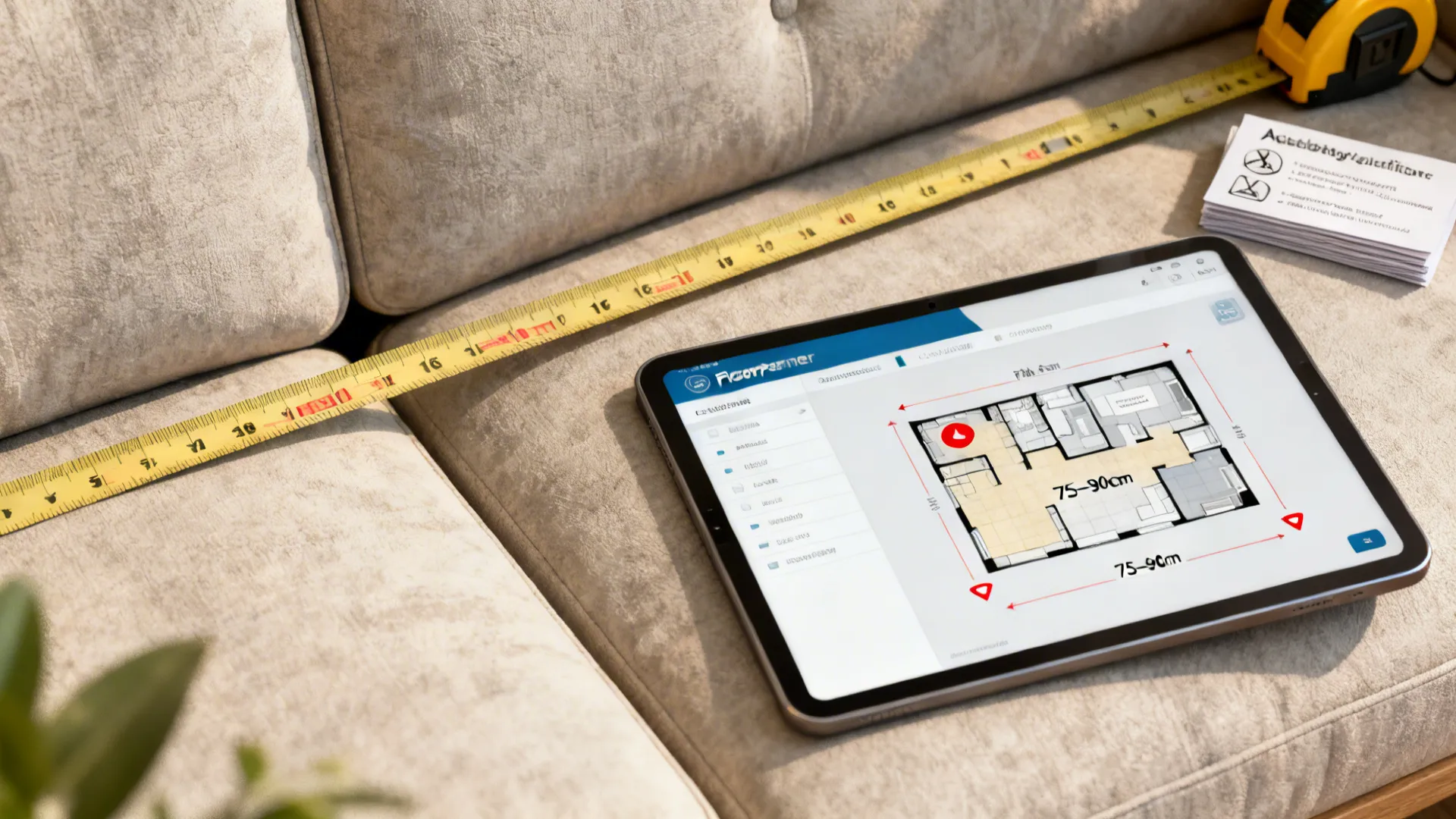 Tablet showing 2D floor plan layout on sofa with measuring tape and interior design papers