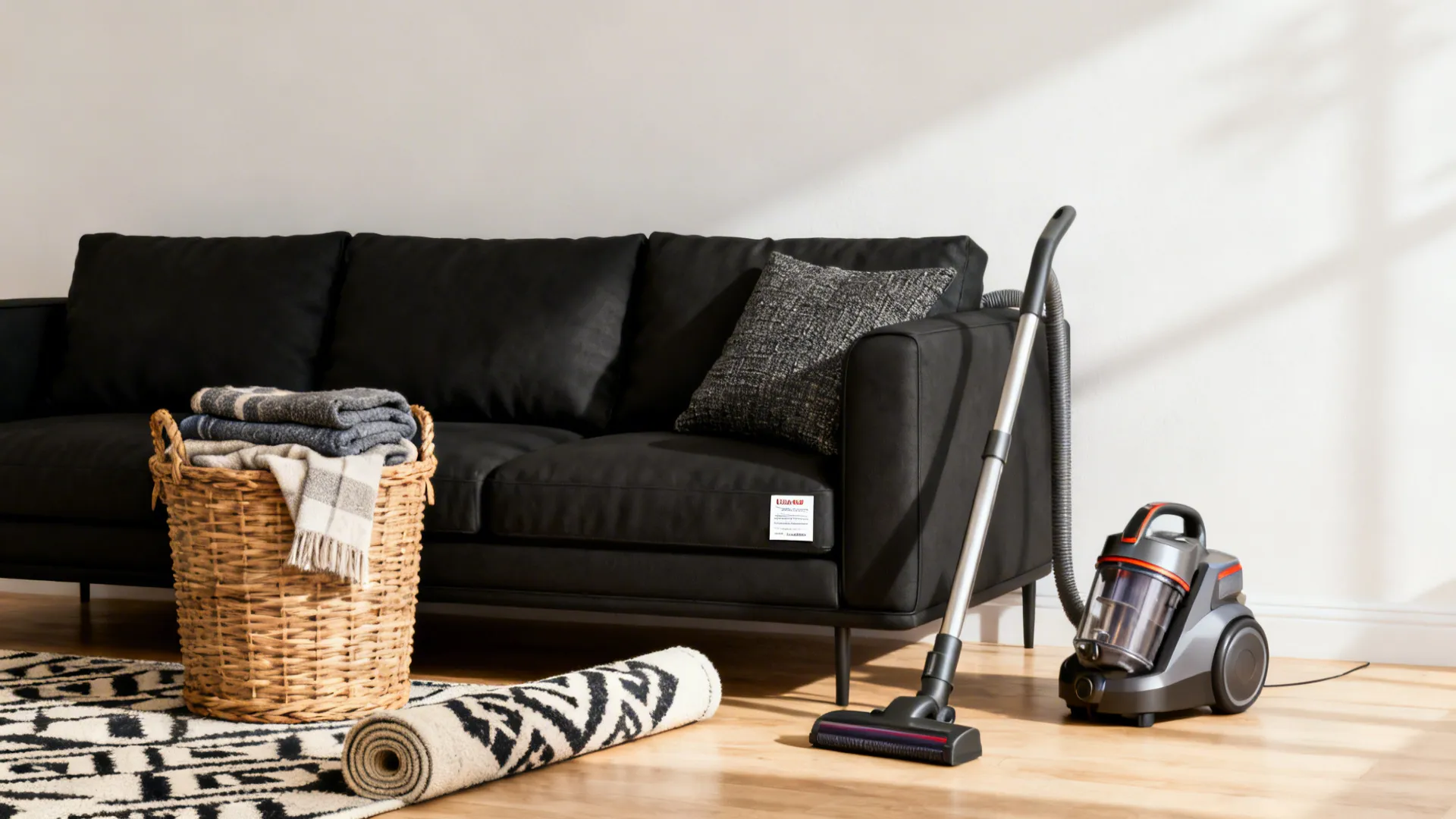 Vignette showing washable cushion covers, woven basket and rug sample beside a black sofa for care tips