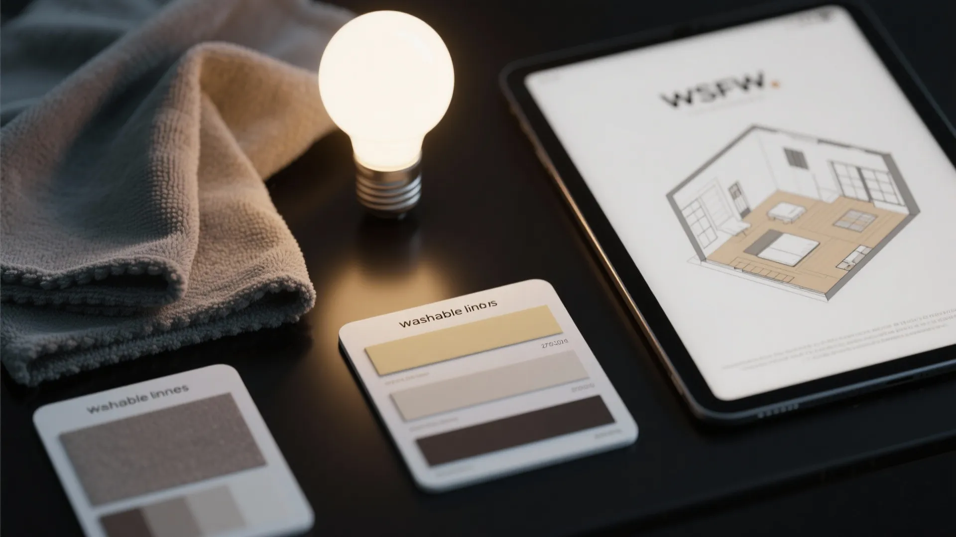 Table with light bulb fabric samples towel and tablet showing a bedroom interior design drawing