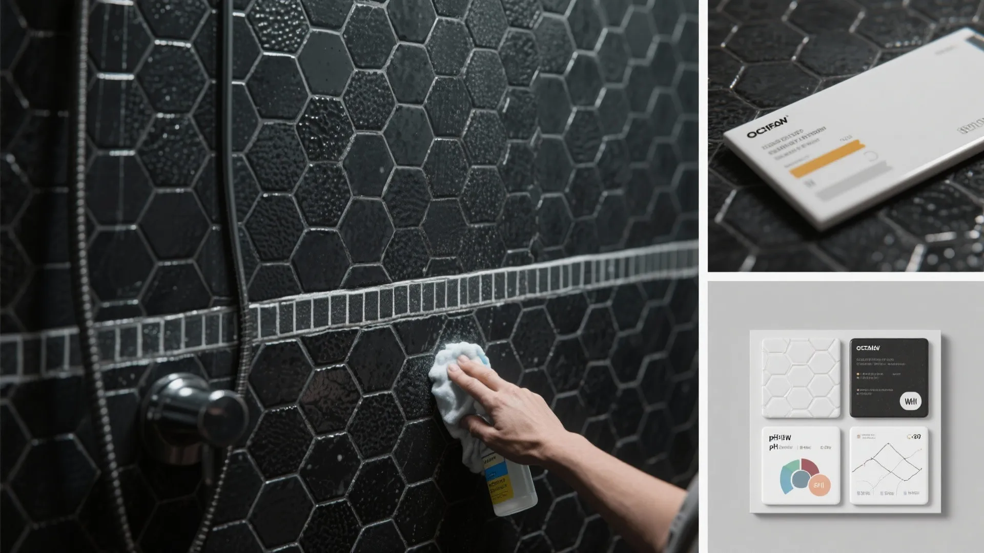 Person cleaning black hexagon wall tiles with a white cloth and small spray bottle cleaner