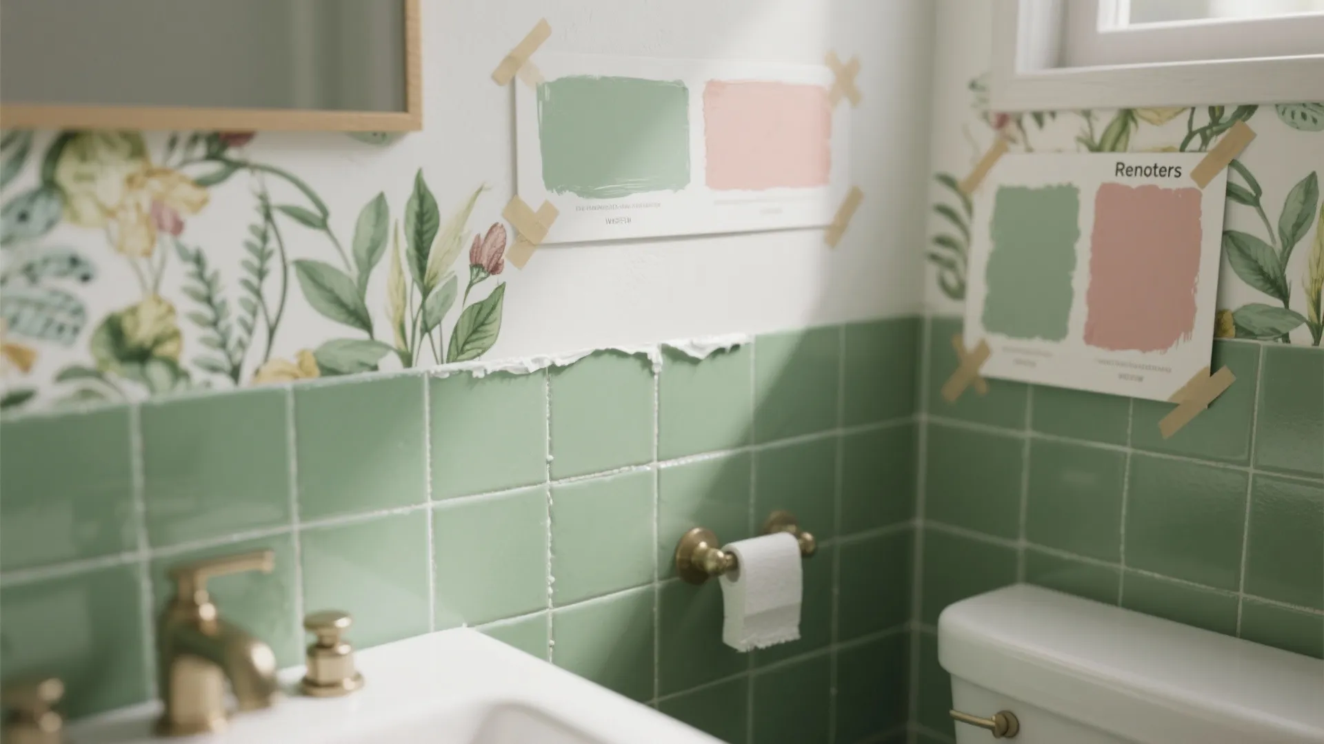 Green bathroom tiles with floral wall panel and color swatches taped above white sink and toilet