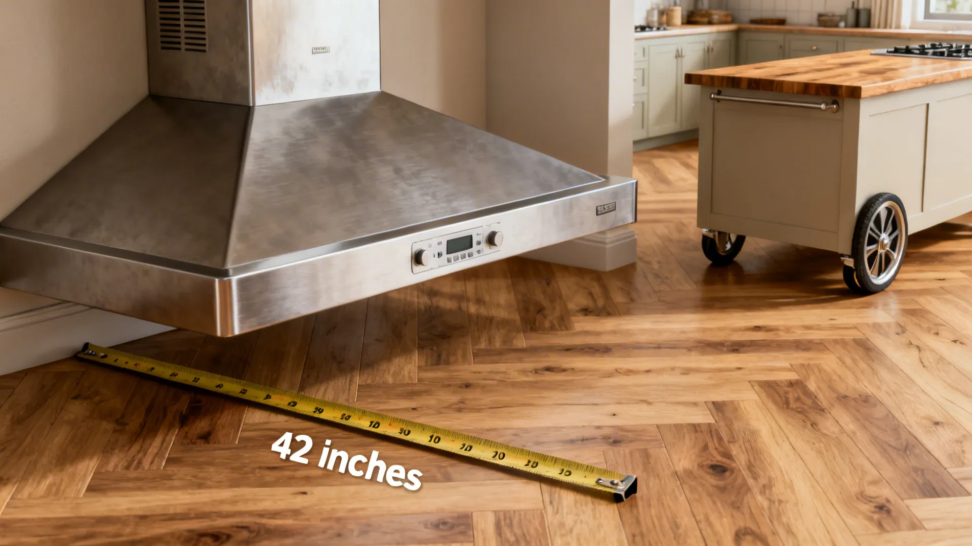 Close-up collage of measuring tape for clearance, range hood detail, rolling island and durable flooring samples