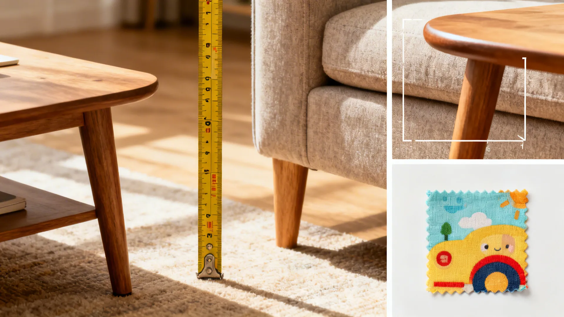 Macro montage of measuring tape, coffee table scale, rounded-edge table, and fabric swatch for kid-friendly choices.