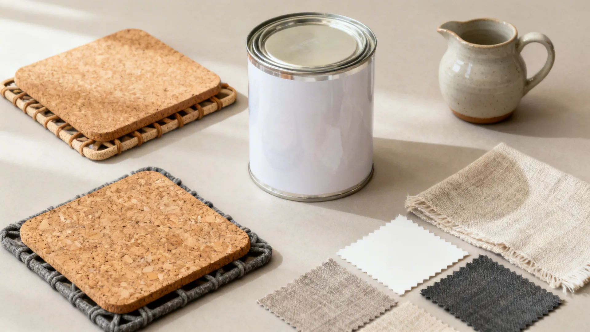 Practical farmhouse table items: trivets, coasters, fabric swatches, and a ceramic pitcher arranged on a neutral surface.