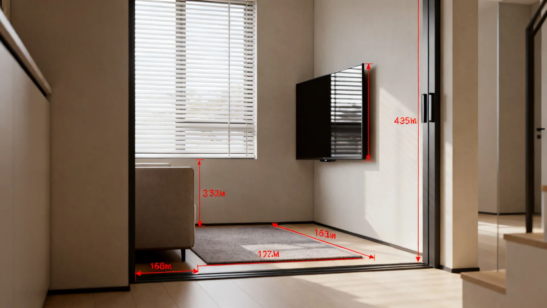 Small living area with a wall mounted television and red lines showing room dimension measurements