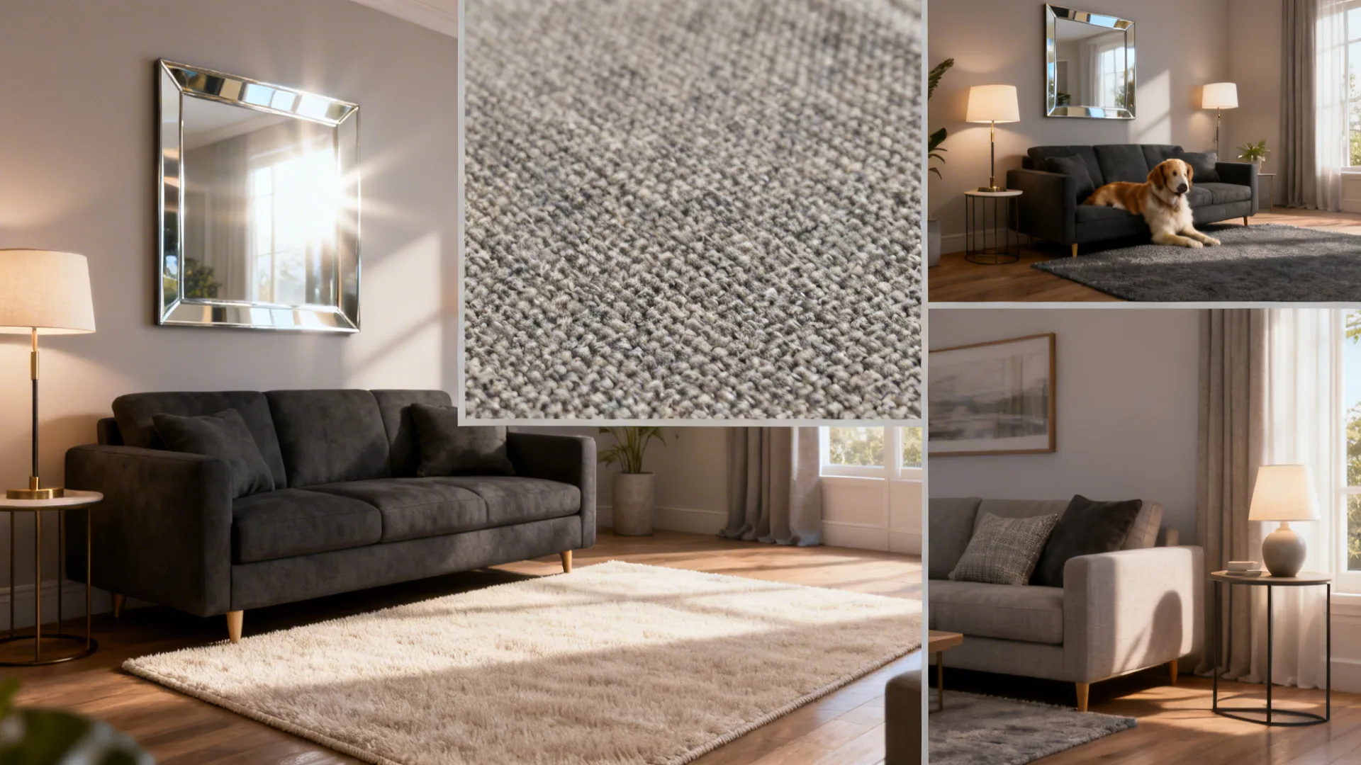 Living room interior design collage showing dark grey sofa, light rug, wall mirror, and dog
