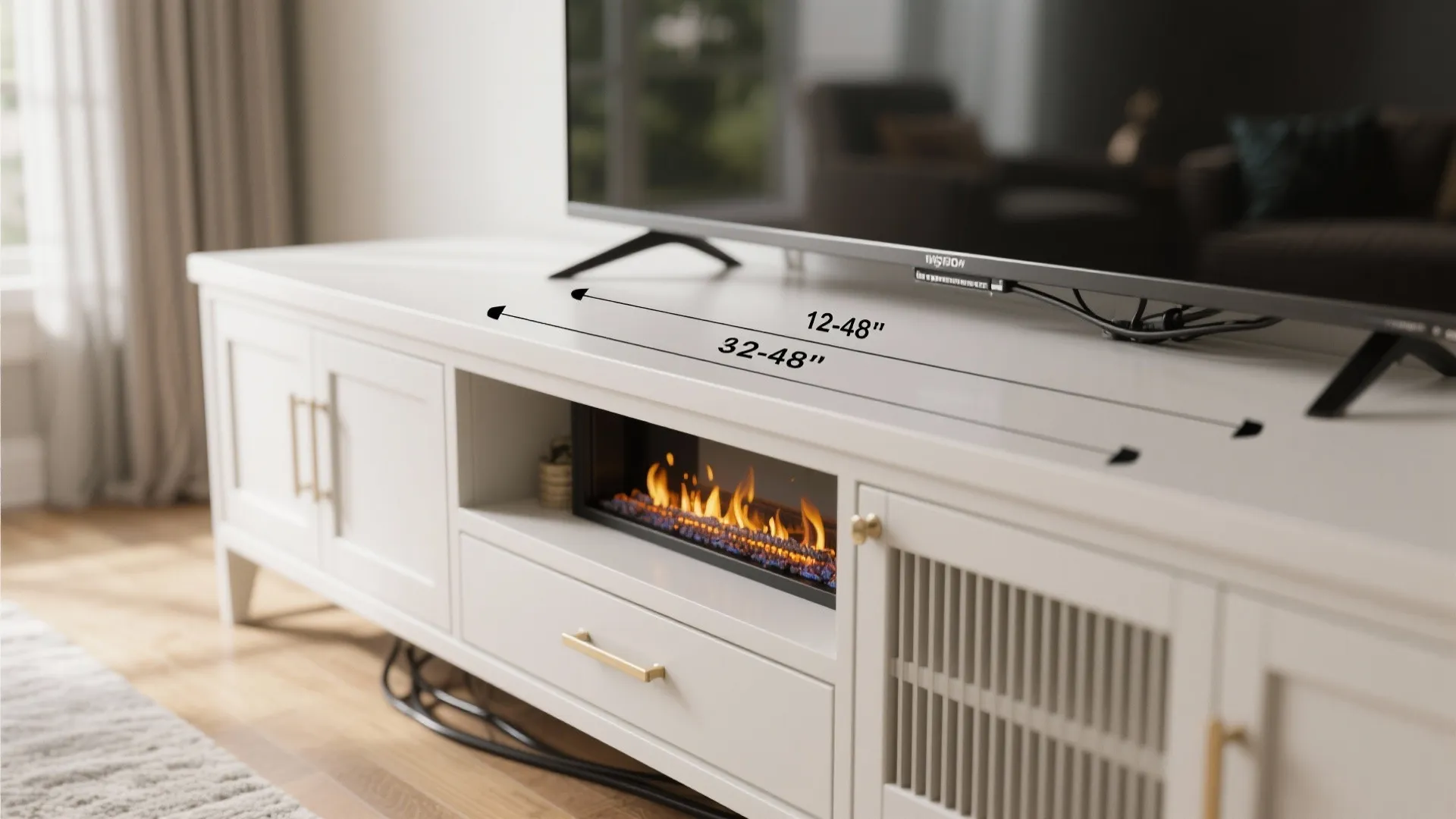 Macro details of TV height, mantel heat deflector, matte wall, and vented cabinet for cables.