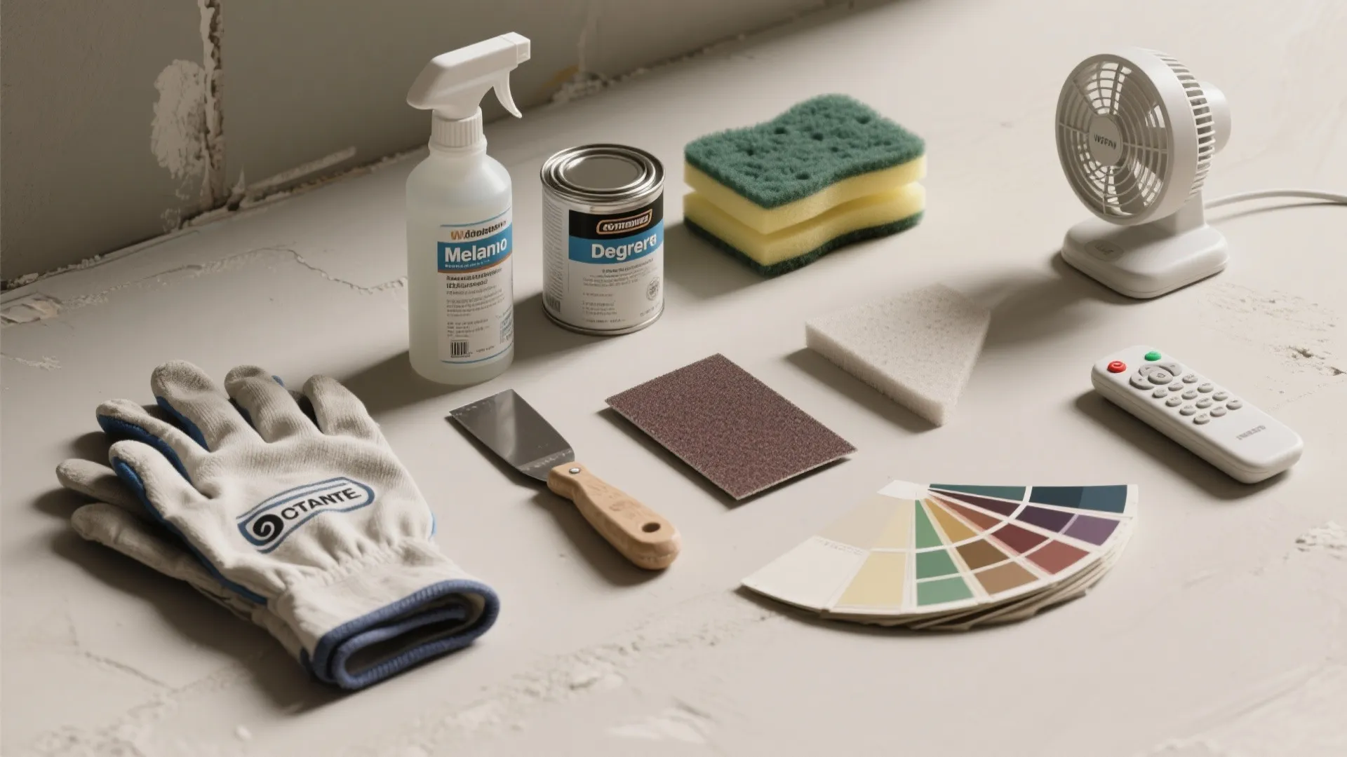 Cleaning and repair tools including spray bottle paint can sponges gloves scraper and color palette cards