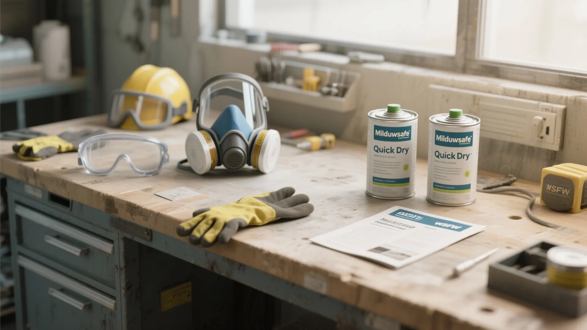 Safety gear including mask and gloves on workbench with quick dry paint cans for home