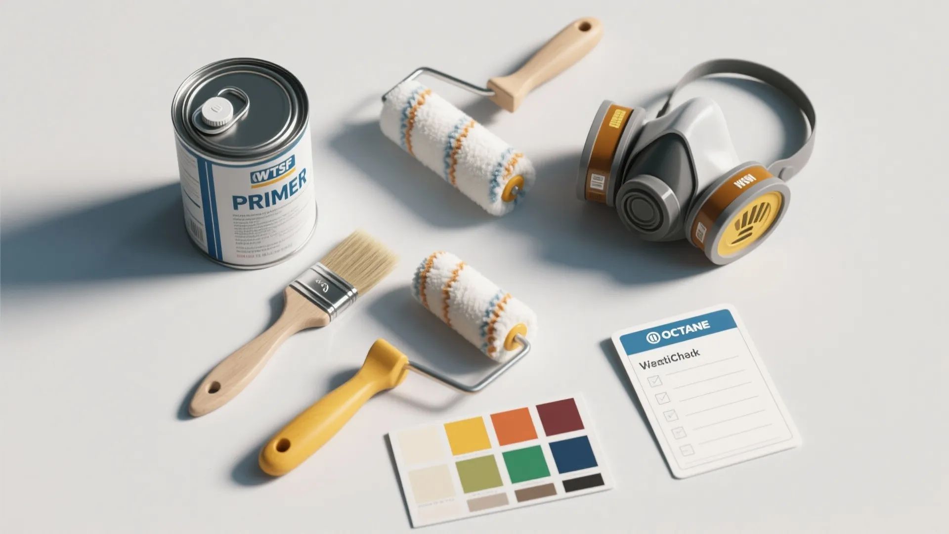 Painting supplies including primer can and paint rollers with color swatches and a safety mask