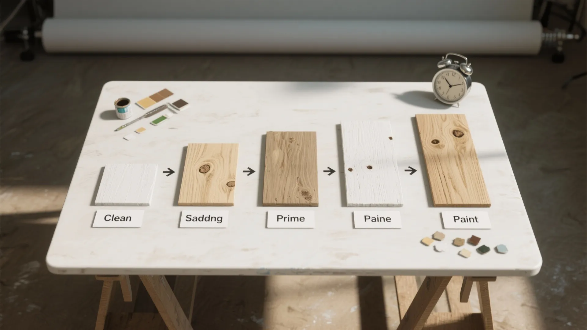Top-down educational layout with step cards and sample boards illustrating cleaning, sanding, priming, and painting knotty pine.