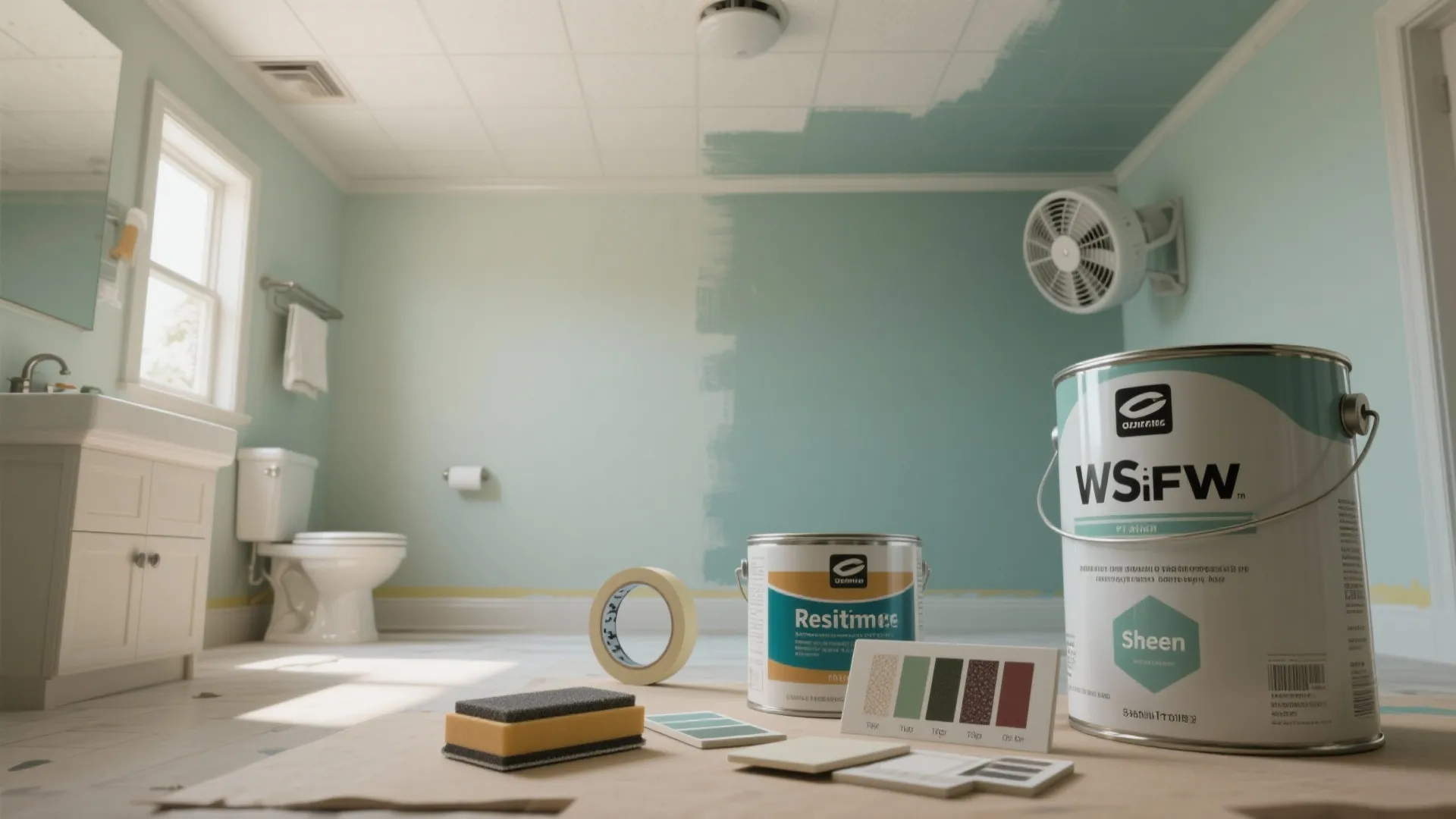 Bathroom renovation tools with paint cans tape and color samples on floor near a toilet