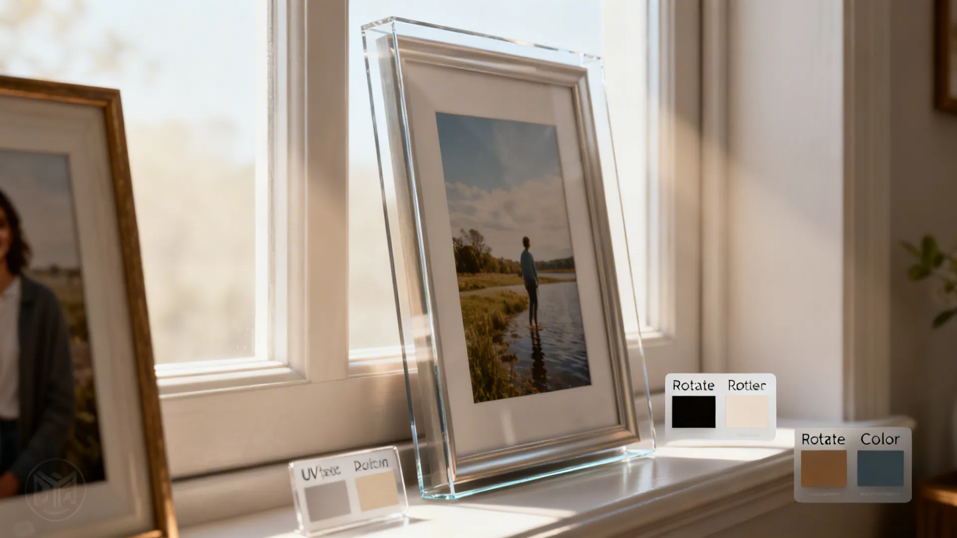 Framed photos with UV-protective glass and frame samples illustrating preservation and swapping tips.