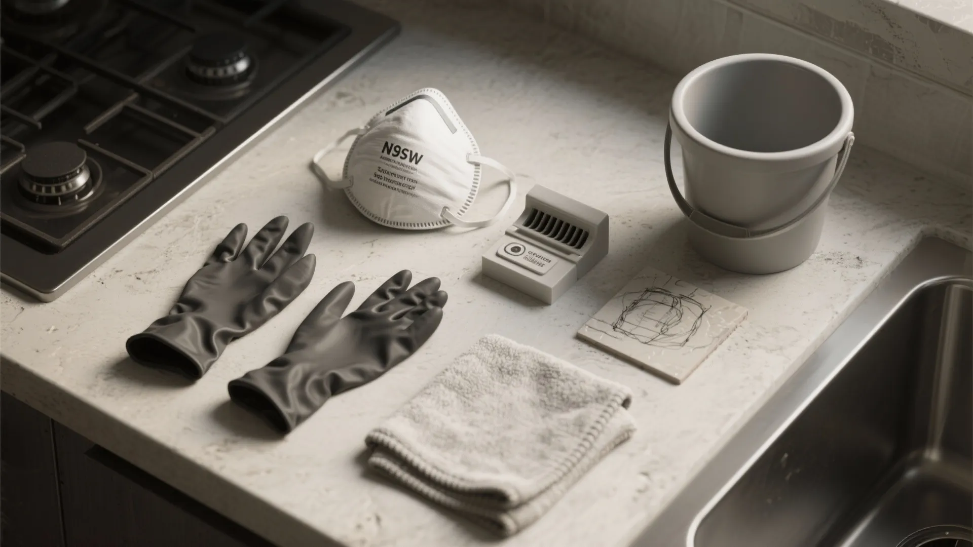 Cleaning safety equipment including mask gloves cloth and bucket on a kitchen counter near sink