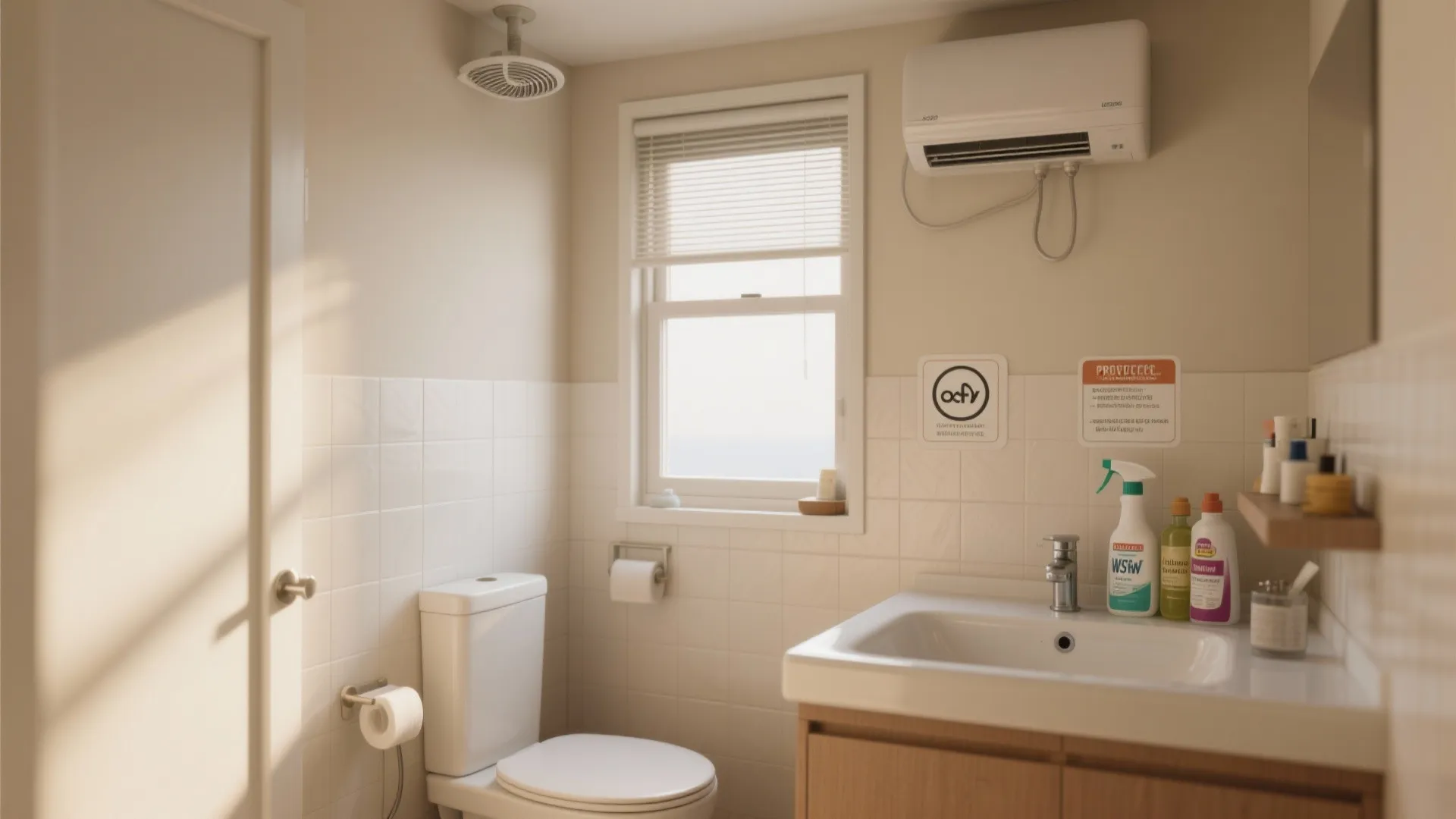 Tidy bathroom showing ventilation, dry sink rim, and organized cleaning supplies as mold-prevention examples.