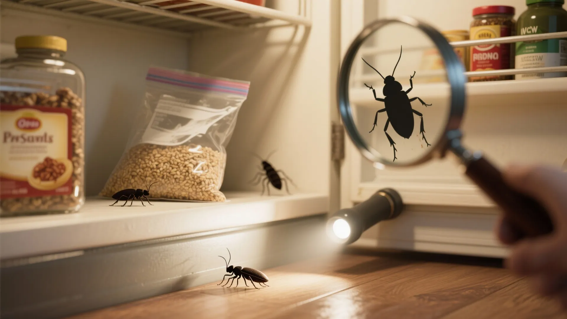 Magnifying glass and flashlight used to find black bugs on wooden kitchen pantry storage shelves
