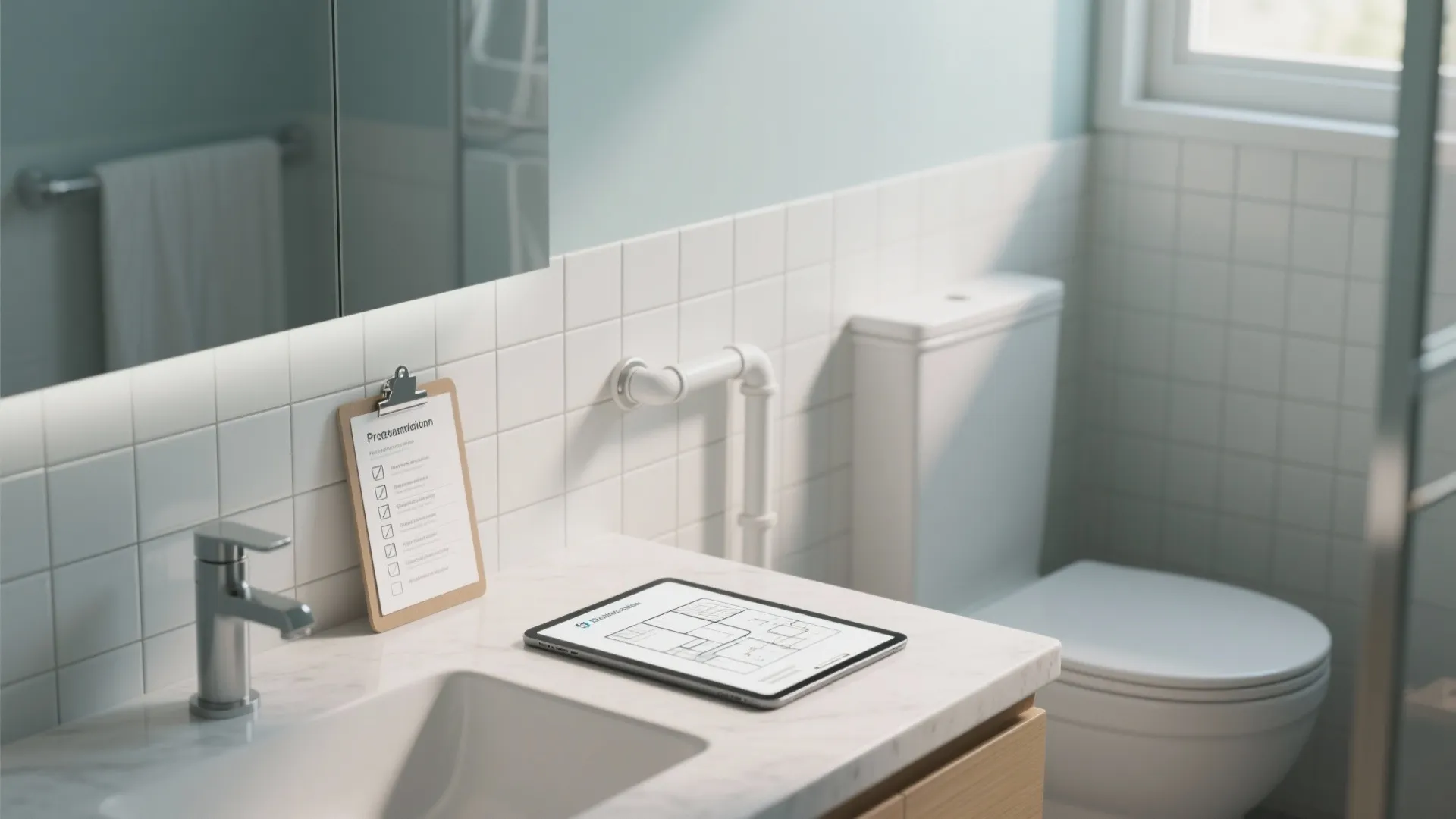 Bathroom sink with a digital tablet displaying room layout and a paper checklist on clipboard