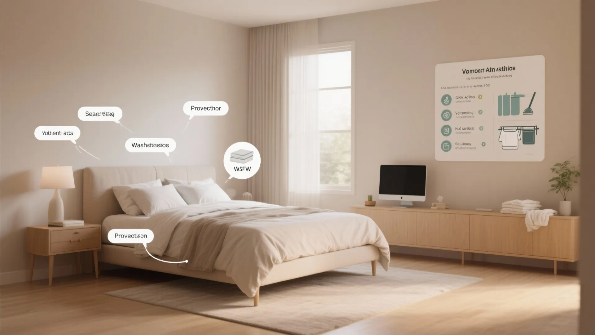 Cozy bedroom with cream bed, wood furniture, computer screen, and an information board on wall