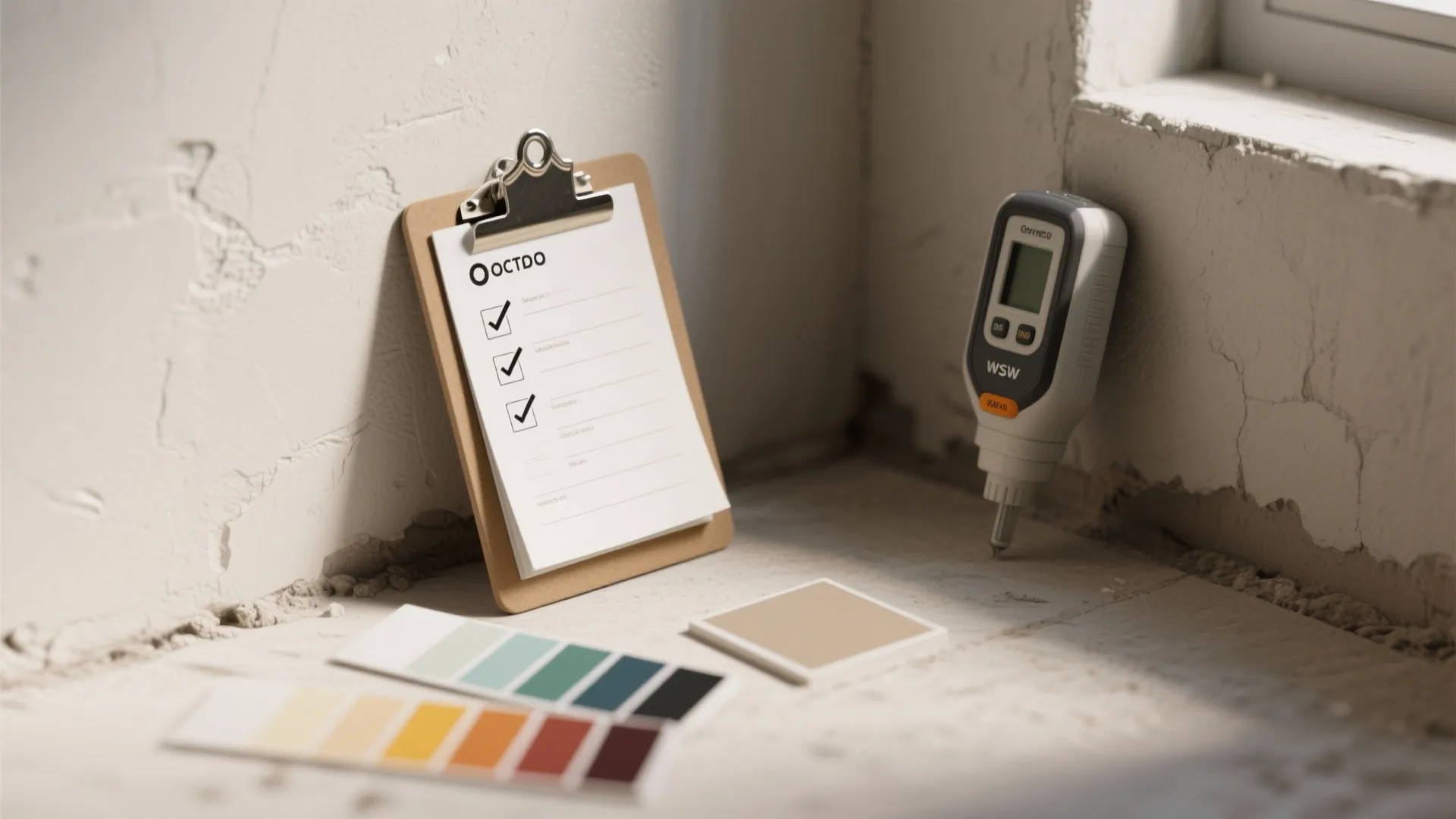 Checklist on a clipboard leaning against a wall with color swatches and a digital tool