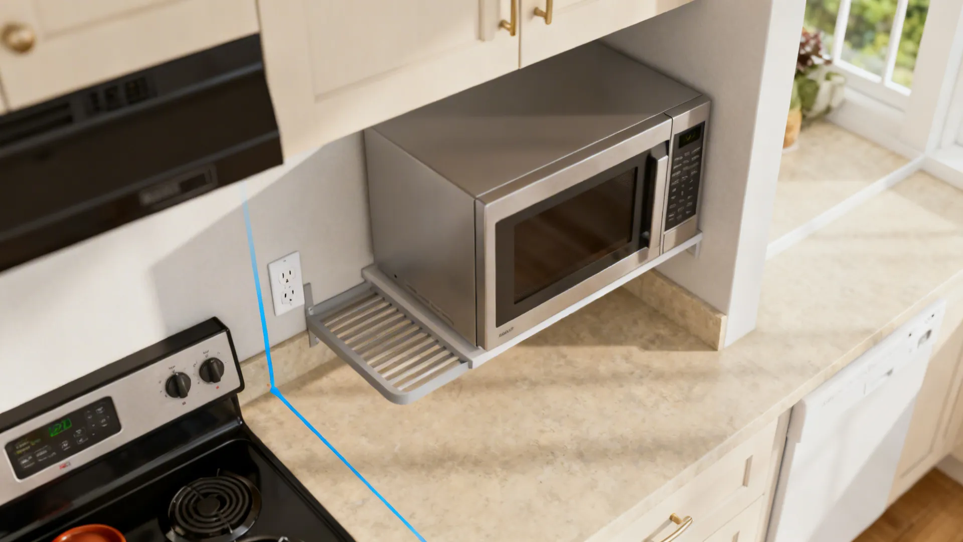 Top-down vignette highlighting safe height, landing space, ventilation clearances, and GFCI outlet.