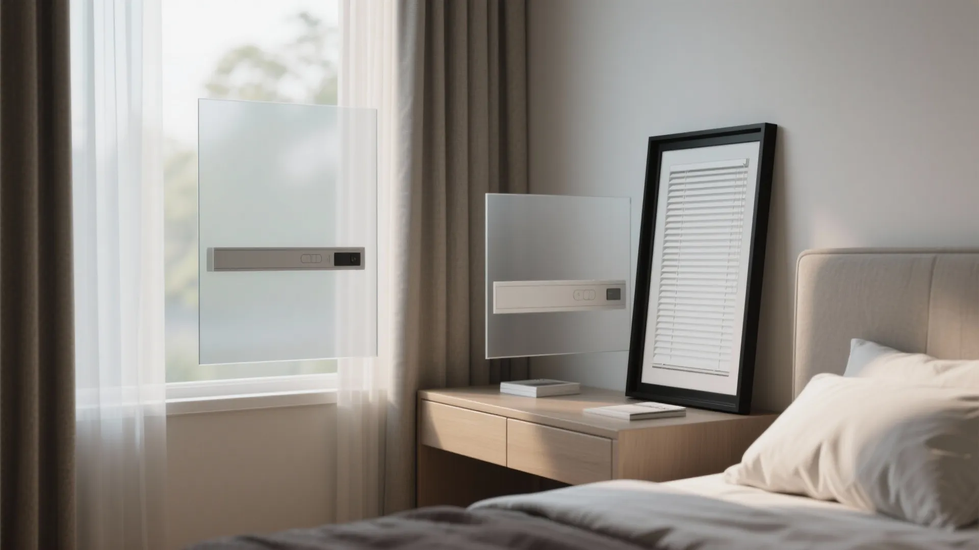 Bedroom vignette showing frosted film, integrated blind control, layered curtains, and black frame detail as privacy options.