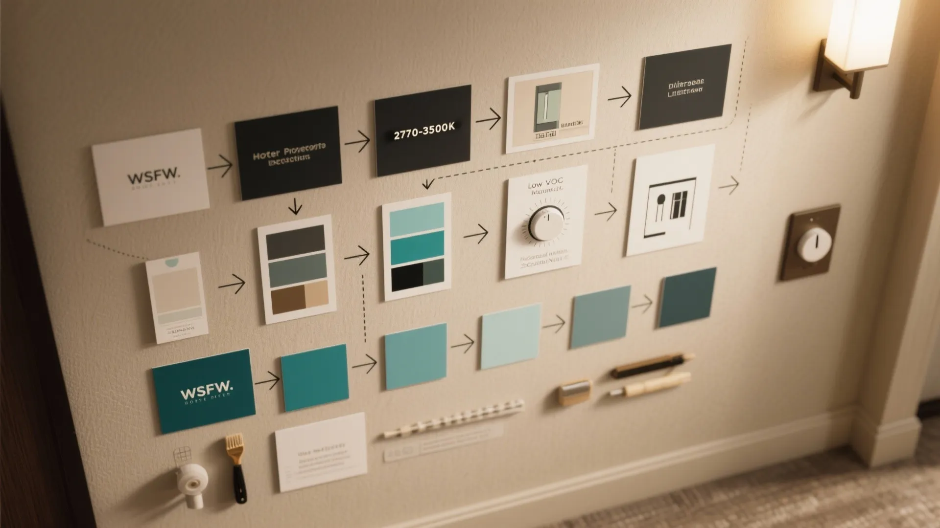 Wall display showing a design process flowchart with color samples and simple interior decoration project steps