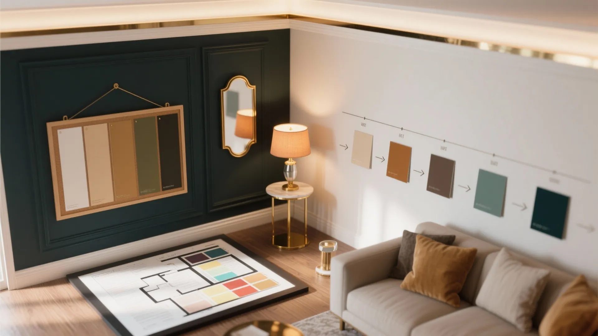 Interior design process showing color swatches on wall floor plan drawing table lamp and beige sofa