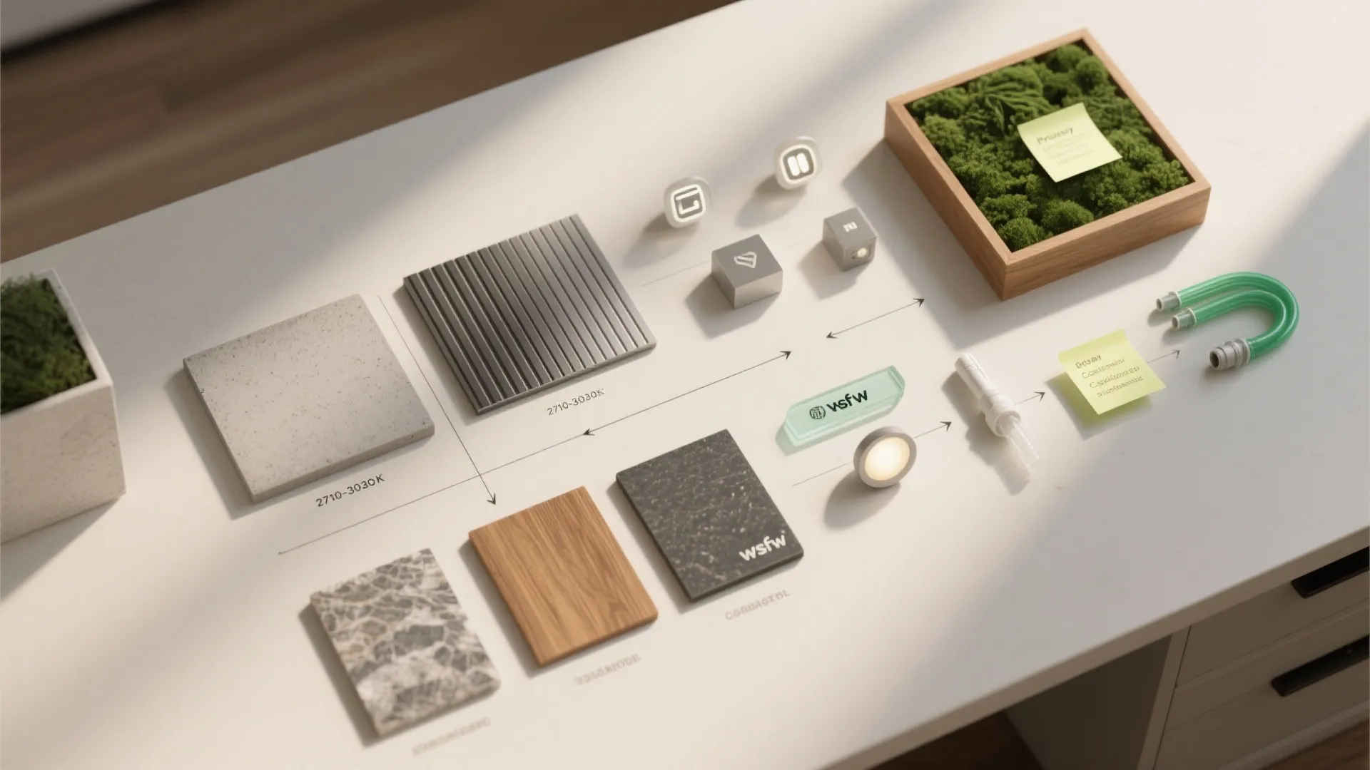 Tabletop display showing various interior design material samples including wood stone and small light fixtures