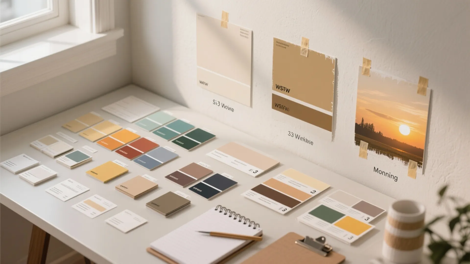 Desk with many colorful paint color cards a notebook and paint samples on the wall