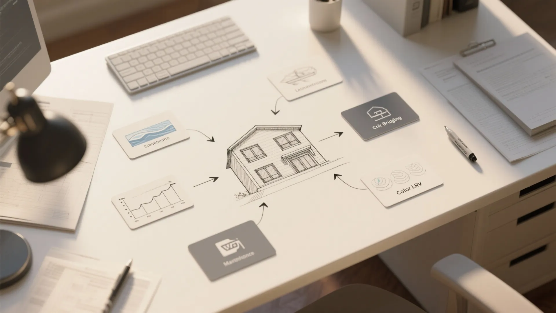 White desk showing a house sketch surrounded by small cards with icons and directional flow arrows