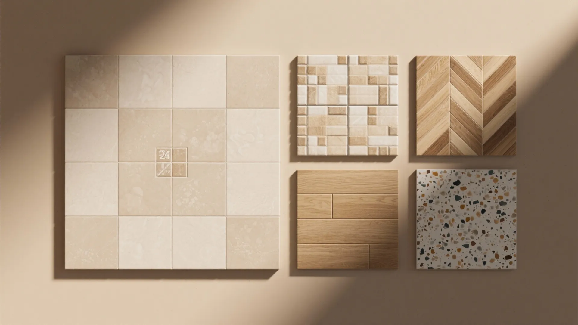 Various floor tile samples showing beige stone, mosaic patterns, wood planks, and colorful terrazzo designs
