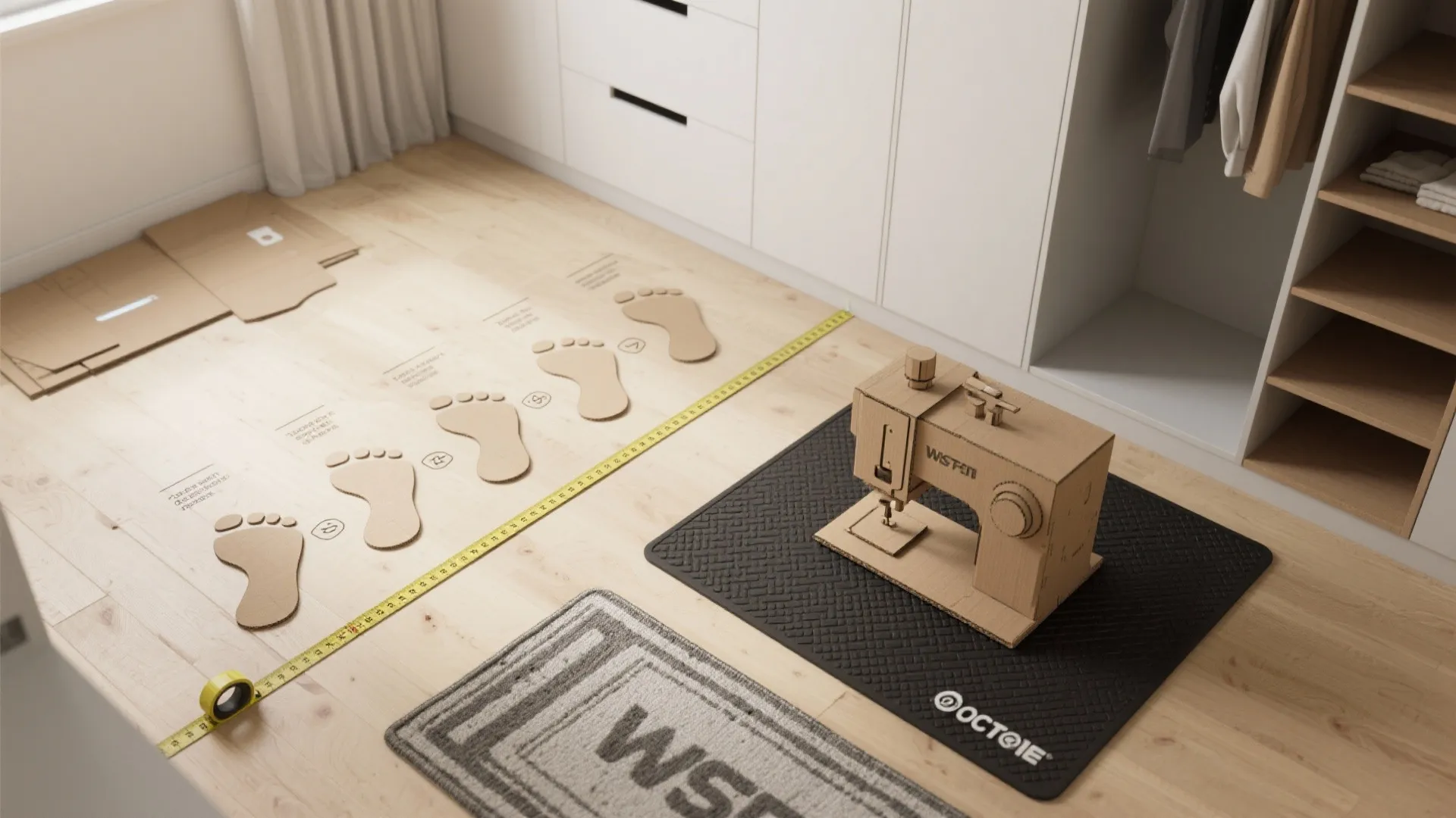 Top-down process layout showing measuring, taped footprint, cardboard mockup, and mat placement for planning elliptical placement.