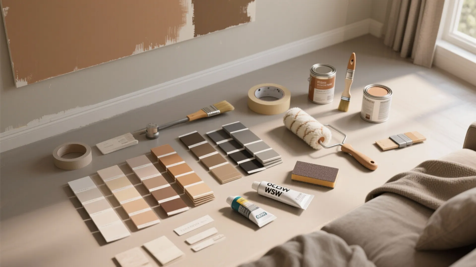 Top-down arrangement of paint swatches, ceiling tint, tape, brushes, roller, caulk, and sanding block.
