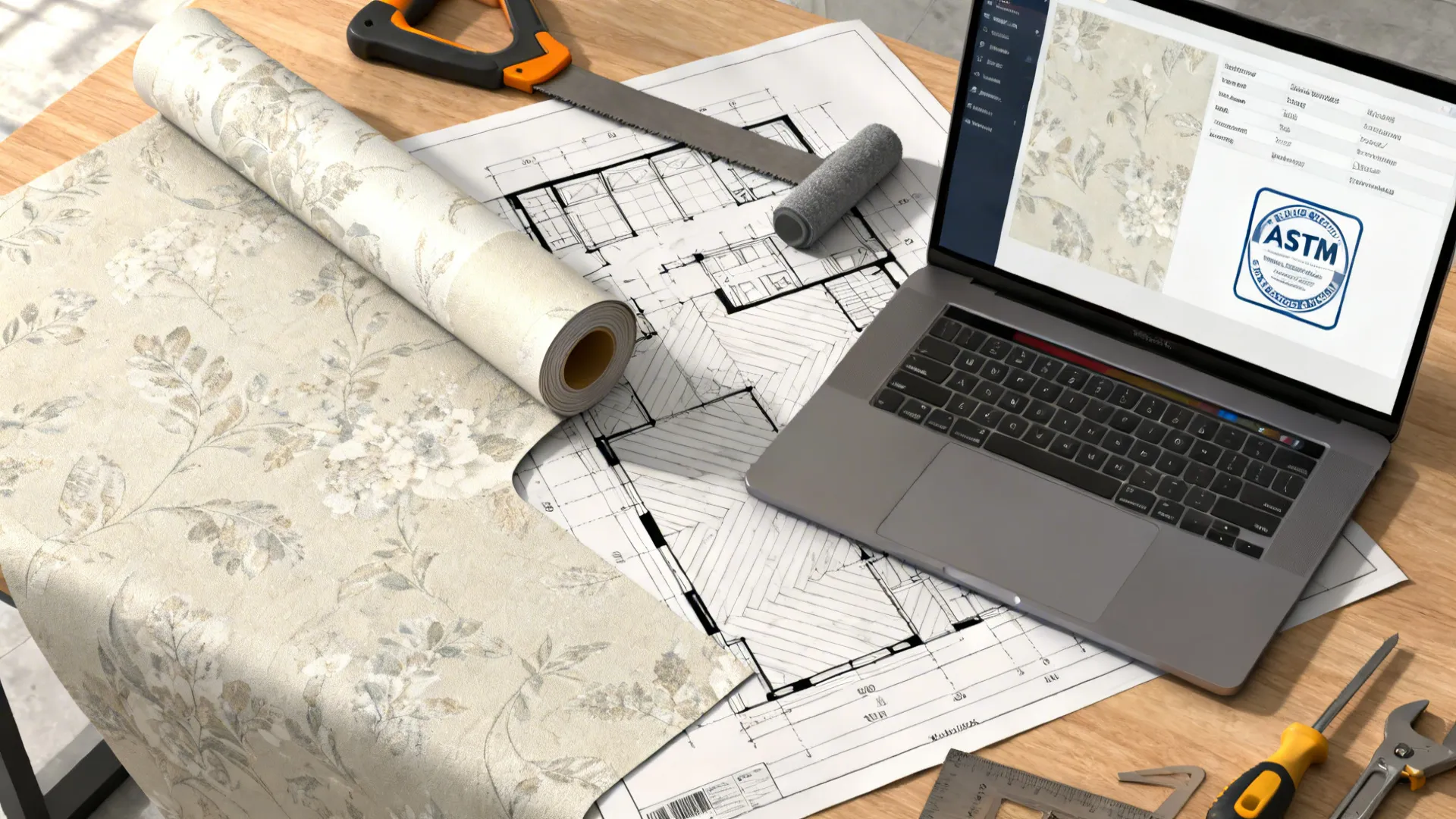 Top-down view of a designer's desk with wallpaper samples, plans, and certification details