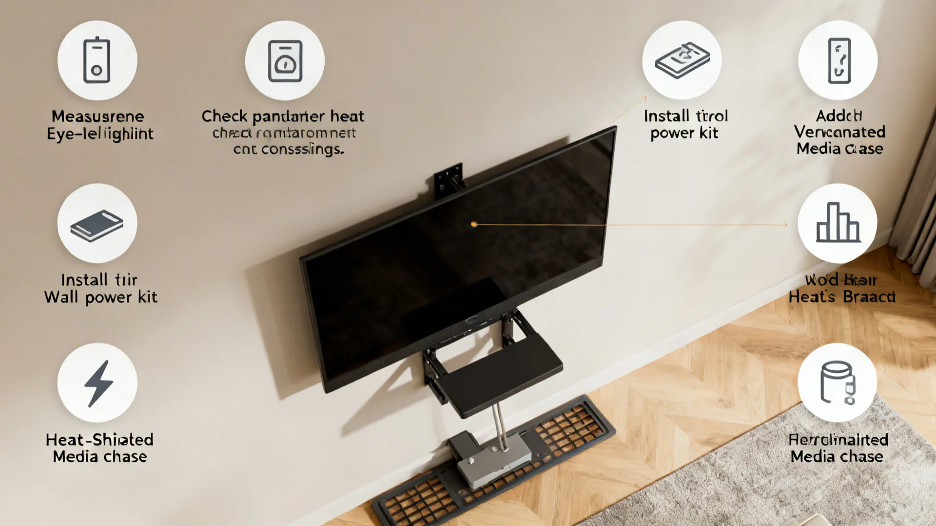 Top-down infographic of steps for safely mounting a TV above an electric fireplace, showing measurements and installation steps