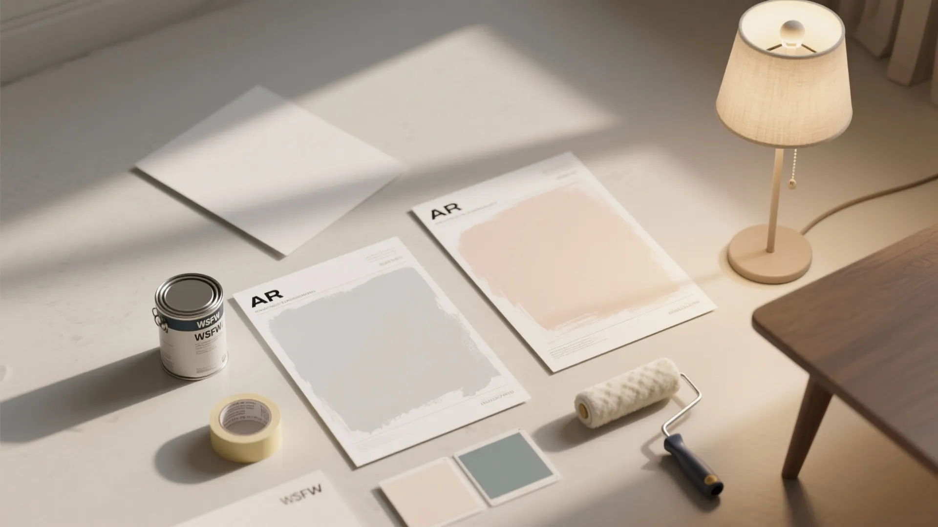 Paint color samples with a metal paint bucket tape roller and a small table lamp