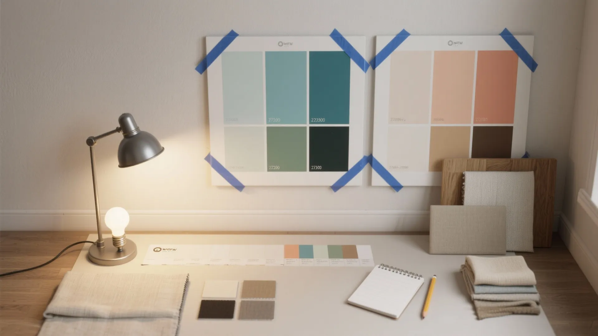 Interior design workspace with desk lamp, paint swatches, notebook, pencil, and various fabric texture samples