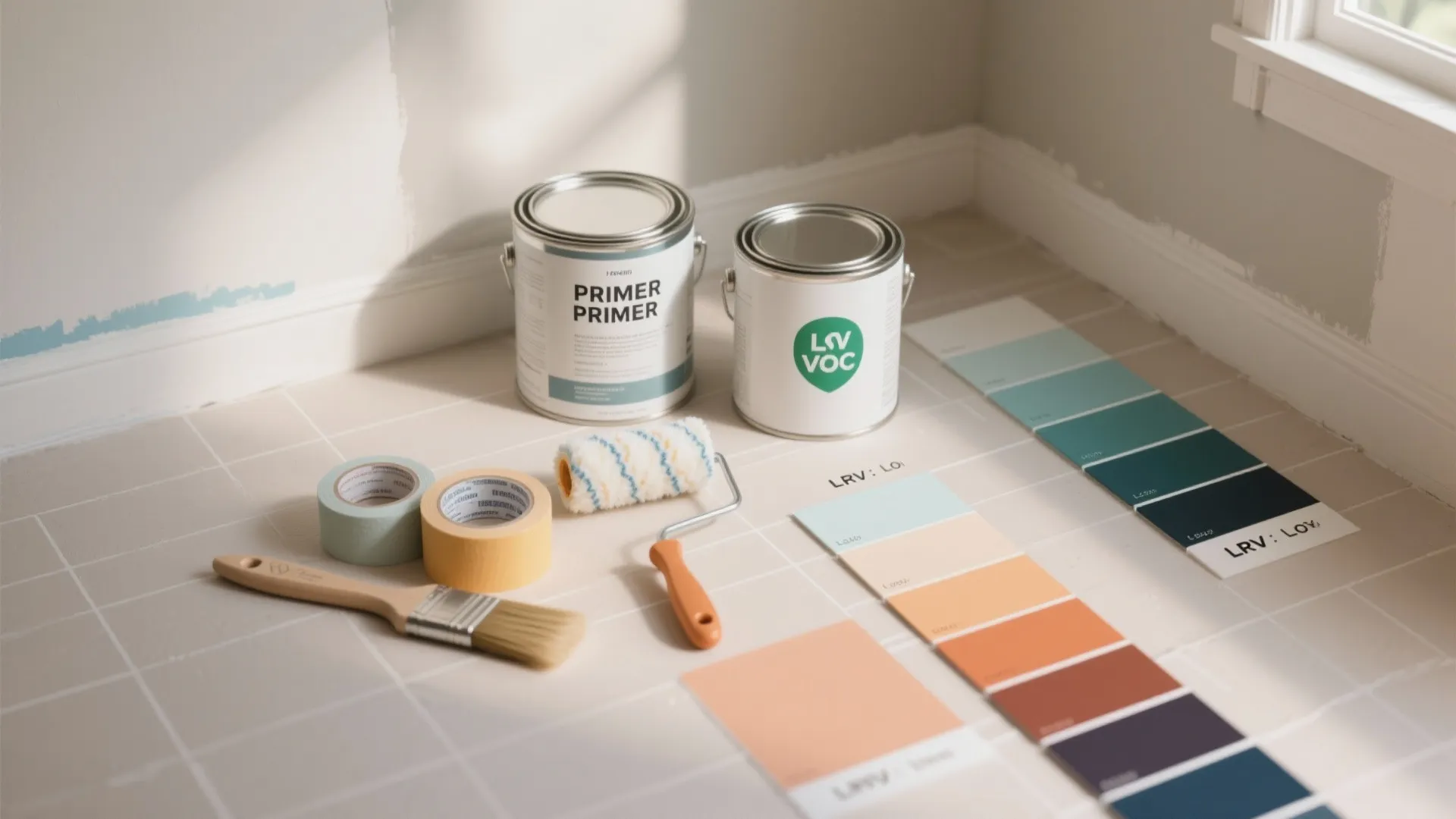 Top-down painting toolkit with primer, fine-nap rollers, brush, painter’s tape, and an LRV gradient of unlabeled swatches