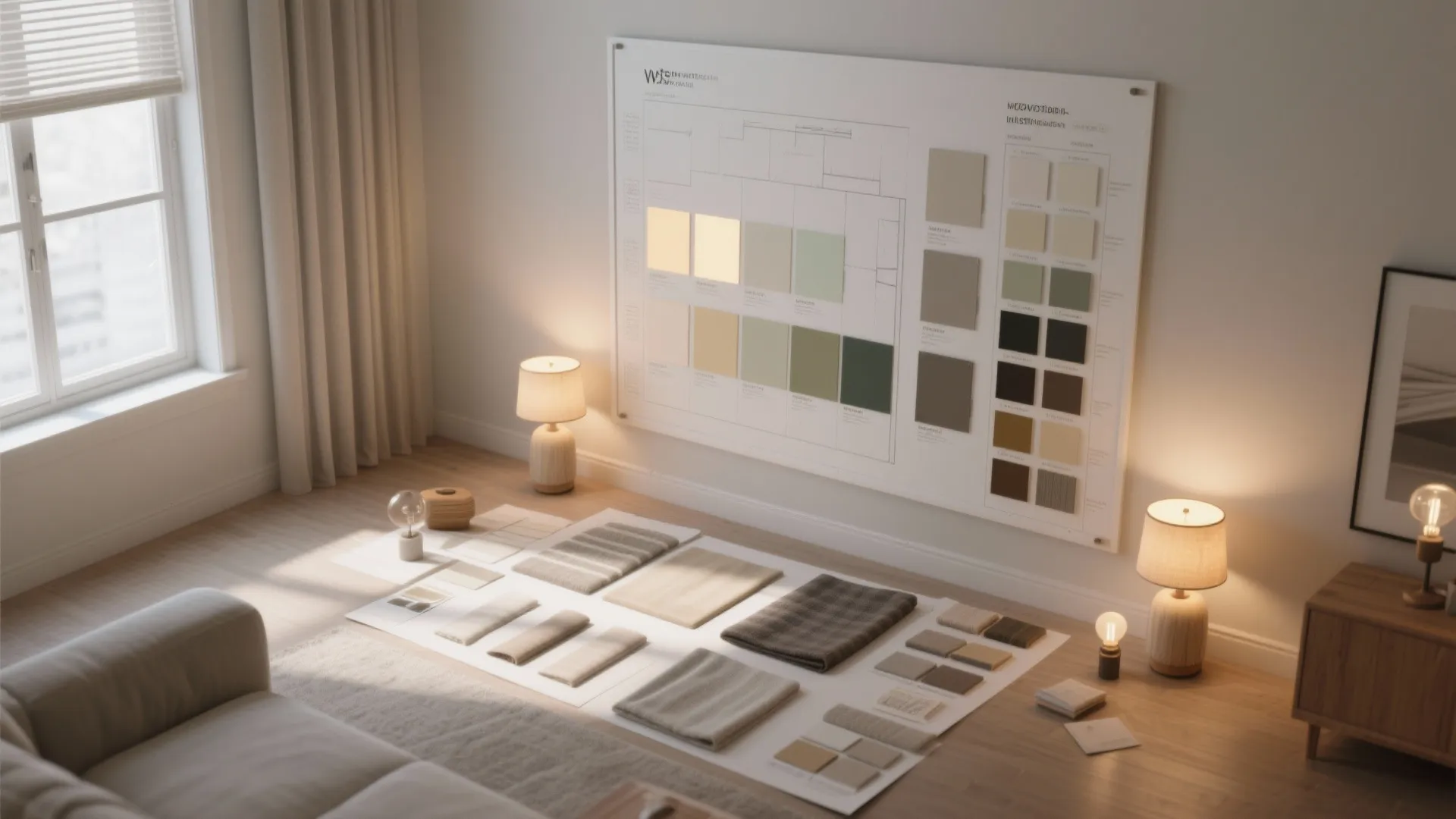 Interior design mood board with color swatches fabric samples and floor layout plan on the wall