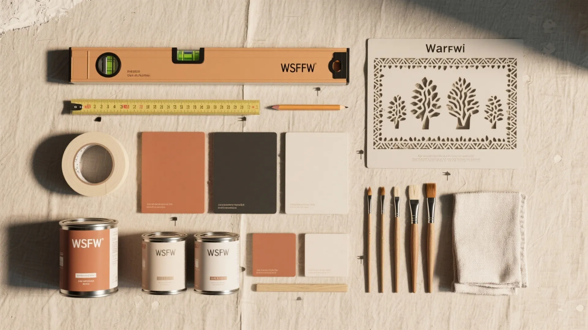 Painting tools including paint cans color samples brushes a level and tape measure on white cloth